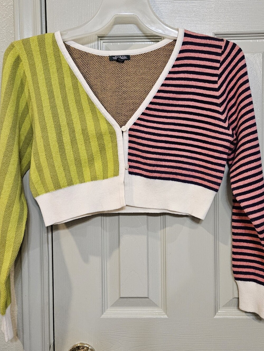 wild fable Pink & Chartreuse Striped Cropped V-Neck Cardigan
